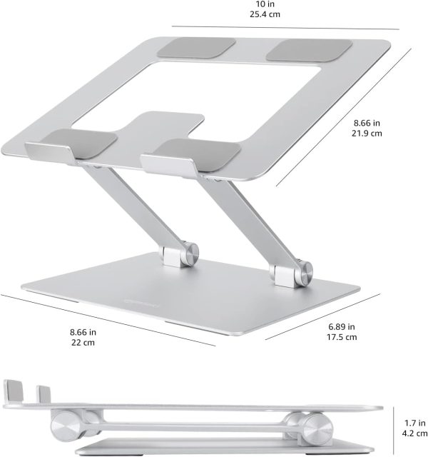 Basics Ergonomic and Foldable Laptop Stand for Desk, Adjustable Riser, Fits all Laptops and Notebooks up to 17.3 Inch, 10 x 8.7 x 6 in, Silver