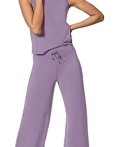 Two Piece Sets for Women Summer Outfits Lounge Sets Mock Neck Tops Wide Leg Crop Pants Vacation Travel Outfits