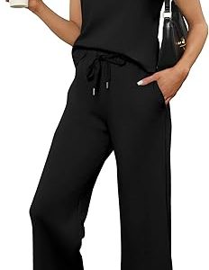 Two Piece Sets for Women Summer Outfits Lounge Sets Mock Neck Tops Wide Leg Crop Pants Vacation Travel Outfits