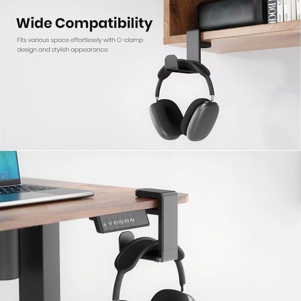 Rotating Headphone Stand – PC Gaming Headset Holder, Adjustable Clamp-on Under Desk Hanger With 360 Degree Swivel & Cable Clip Organizer – Black