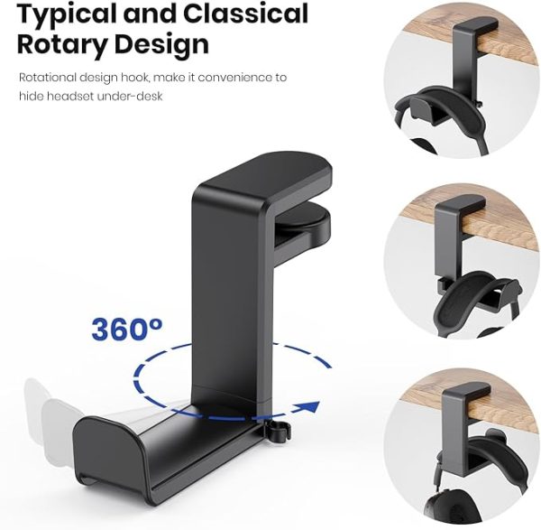 Rotating Headphone Stand – PC Gaming Headset Holder, Adjustable Clamp-on Under Desk Hanger With 360 Degree Swivel & Cable Clip Organizer – Black