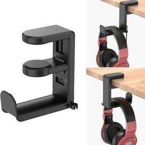 Rotating Headphone Stand – PC Gaming Headset Holder, Adjustable Clamp-on Under Desk Hanger With 360 Degree Swivel & Cable Clip Organizer – Black
