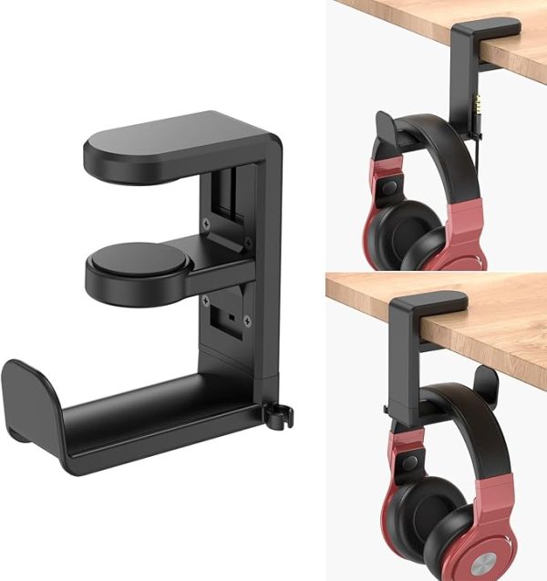 Rotating Headphone Stand – PC Gaming Headset Holder, Adjustable Clamp-on Under Desk Hanger With 360 Degree Swivel & Cable Clip Organizer – Black