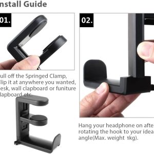 Rotating Headphone Stand – PC Gaming Headset Holder, Adjustable Clamp-on Under Desk Hanger With 360 Degree Swivel & Cable Clip Organizer – Black