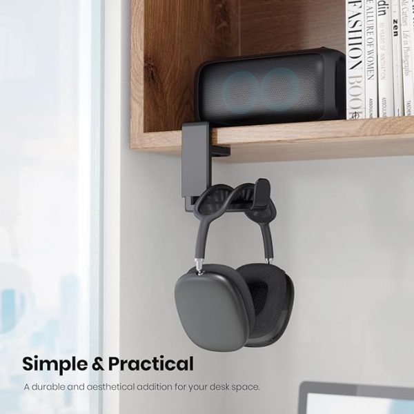 Rotating Headphone Stand – PC Gaming Headset Holder, Adjustable Clamp-on Under Desk Hanger With 360 Degree Swivel & Cable Clip Organizer – Black