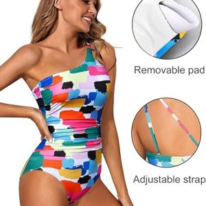 One Shoulder One Piece Swimsuit for Women Tummy Control Bathing Suits Modest Full Coverage Keyhole Swimwear