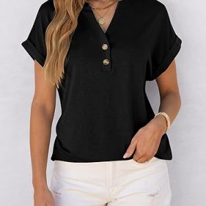 Womens Short Sleeve Henley Tops V Neck Dressy Casual Loose Fit Shirts Summer Flowy Blouses 2025 Trendy Clothes