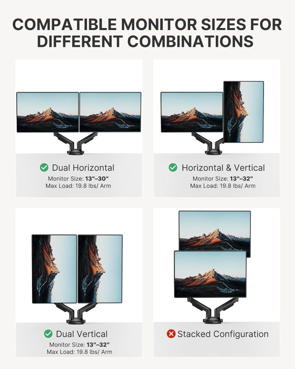 Dual Monitor Stand – Full Adjustable Monitor Desk Mount Swivel Vesa Bracket with C Clamp, Grommet Mounting Base for 13 to 32 Inch Computer Screens – Each Arm Holds 4.4 to 19.8lbs
