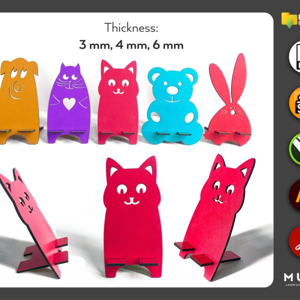 5 Pcs Animal Phone Stand, Phone Holder, Laser cut file, CNC cut files, dxf, svg, cdr, ai, pdf,  Vector Templates, Laser Project, laser svg