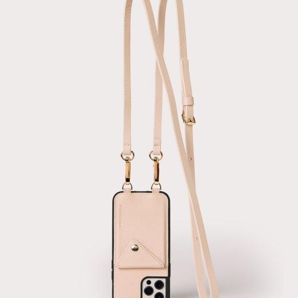 Genuine Leather Pebbled Cream iPhone Case Crossbody Case with Expanded Card Wallet Pocket and Adjustable Shoulder Strap