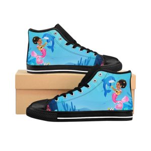 Women’s Underwater Mermaid Classic Canvas Sneakers, Black Afro Mermaid