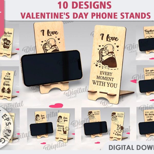 3D Valentine’s Day phone stands bundle, wooden phone holder laser cut, Valentine quotes and sayings svg, mobile phone display, love svg