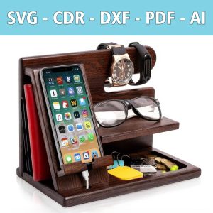 Phone docking station laser file for wood + IPhone holder as keychain – SVG, CDR and more – cell phone holder wallet stand