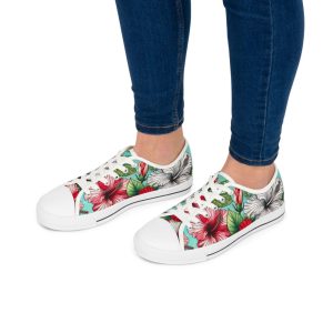 Hibiscus Flower Low Sneakers, Stylish Women’s Shoes for Summer, Vacation & Casual Walking, AI Pattern, Asymmetrical Design